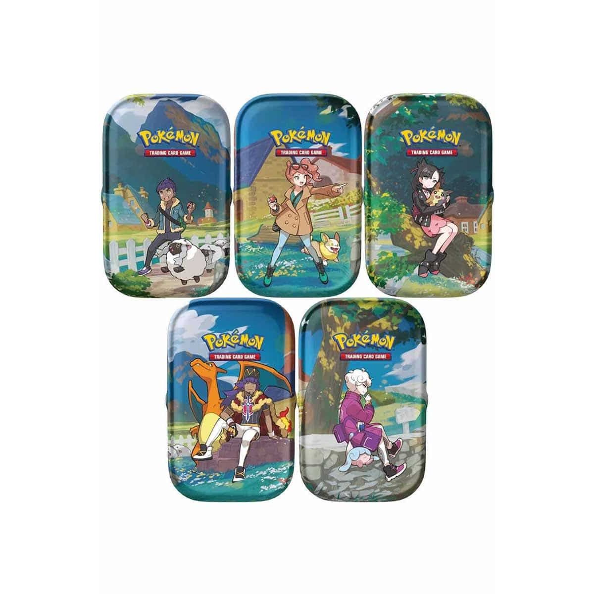 Five Pokémon TCG: Crown Zenith Mini Tins from The Pokémon Company, each showcasing unique characters and Pokémon in vibrant outdoor scenes, are displayed in two rows—three on top and two below.