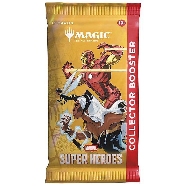 The Wizards of the Coast Magic the Gathering: Marvel Super Heroes Collector Booster Pack features Marvel Super Heroes artwork—including Iron Man and Storm on the packaging—contains 15 cards, and is recommended for ages 13 and up.