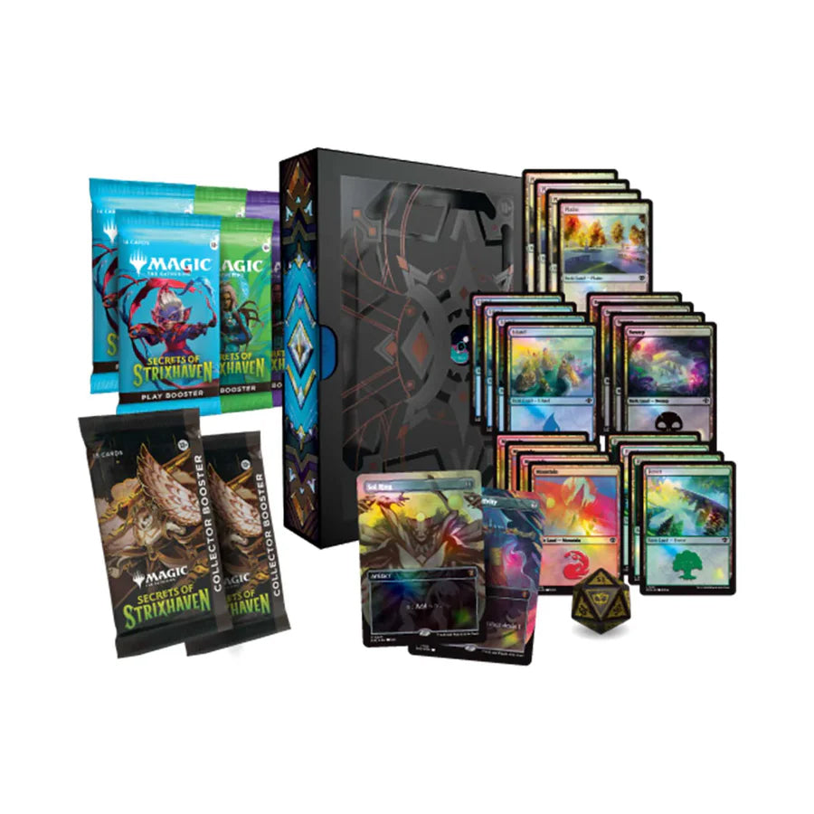The Wizards of the Coast Magic the Gathering: Secrets of Strixhaven Codex Bundle is a black storage box with geometric patterns, a central eye motif, and vivid blue and gold accents—perfect for storing trading cards or collectibles.