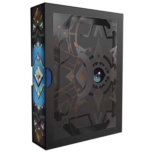 The Wizards of the Coast Magic the Gathering: Secrets of Strixhaven Codex Bundle is a black storage box with geometric patterns, a central eye motif, and vivid blue and gold accents—perfect for storing trading cards or collectibles.