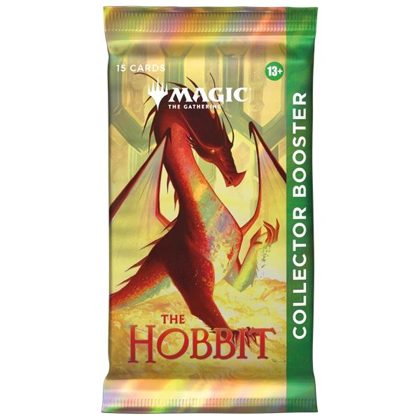 The Wizards of the Coast Magic the Gathering: The Hobbit Collector Booster Display features green and gold packaging adorned with artwork of a dragon and a small figure. Designed for ages 13 and up, this display box showcases The Hobbit theme on its collector boosters.