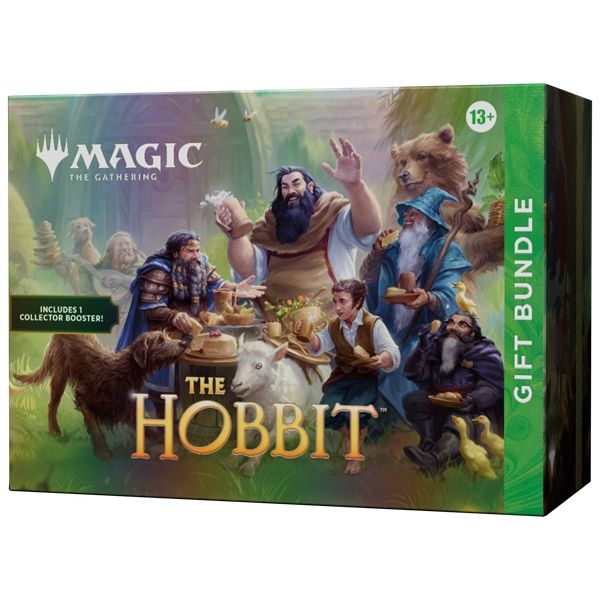 Wizards of the Coast Magic the Gathering: The Hobbit Gift Bundle box displays fantasy characters, a goat, and a bear celebrating at a feast, with a green border and a 13+ age warning in the top right corner.