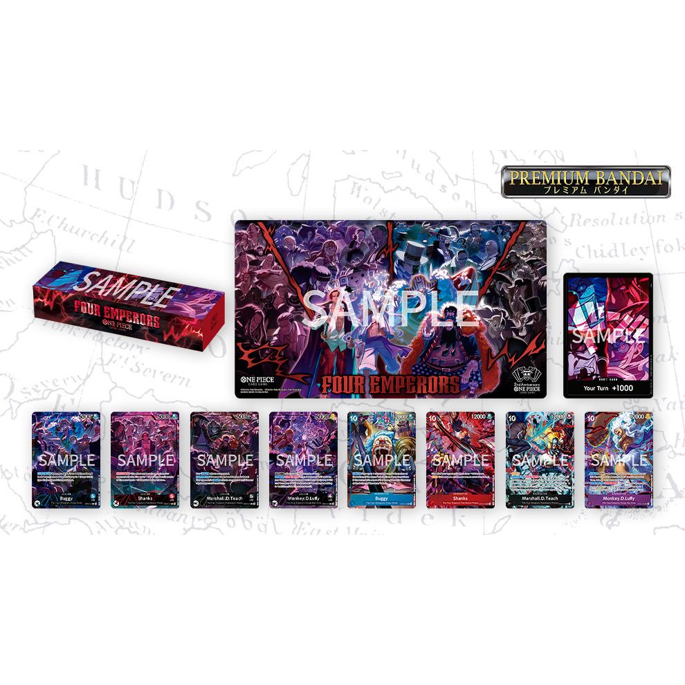 Bandai One Piece Card Game: 2nd Anniversary Set storage box featuring Four Emperors red and blue character illustrations.