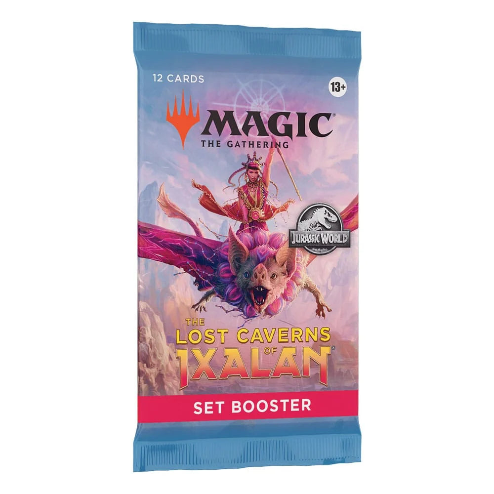 Magic: The Gathering - The Lost Caverns of Ixalan Set Booster Display box containing multiple packs, featuring fantasy artwork of a character riding a winged creature above a cavernous landscape.
