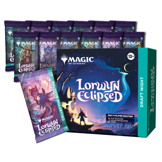 Magic: The Gathering - Lorwyn Eclipsed Draft Night card game box featuring a nocturnal fantasy illustration of characters looking at a giant crescent moon, with text indicating it includes twelve play boosters, one collector booster, and lands.