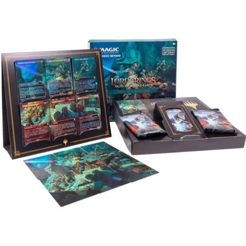A set of four Magic: The Gathering - Lord of the Rings: Tales of Middle-earth Scene Boxes by Wizards of the Coast, featuring distinctive artwork and titles for Gandalf, Galadriel, Aragorn at Helm’s Deep, and the Witch-King.