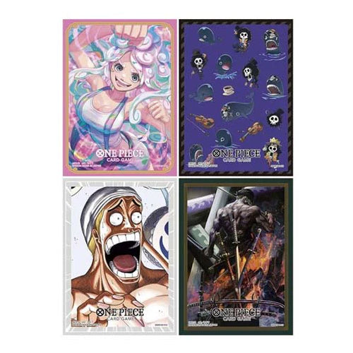 Bandai's One Piece Card Game: CG Sleeves 14 features four vibrant sleeves—showing a cheerful woman with pastel hair, pirate symbols, a screaming man, and a muscular swordsman—perfect for protecting your cards in style!.