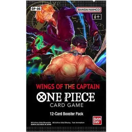A One Piece Card Game: Wings of the Captain Booster Pack (OP-06) from Bandai showcases two anime characters in dynamic action poses with vibrant colors, and features clear branding for both Bandai and the Wings of the Captain set on its packaging.