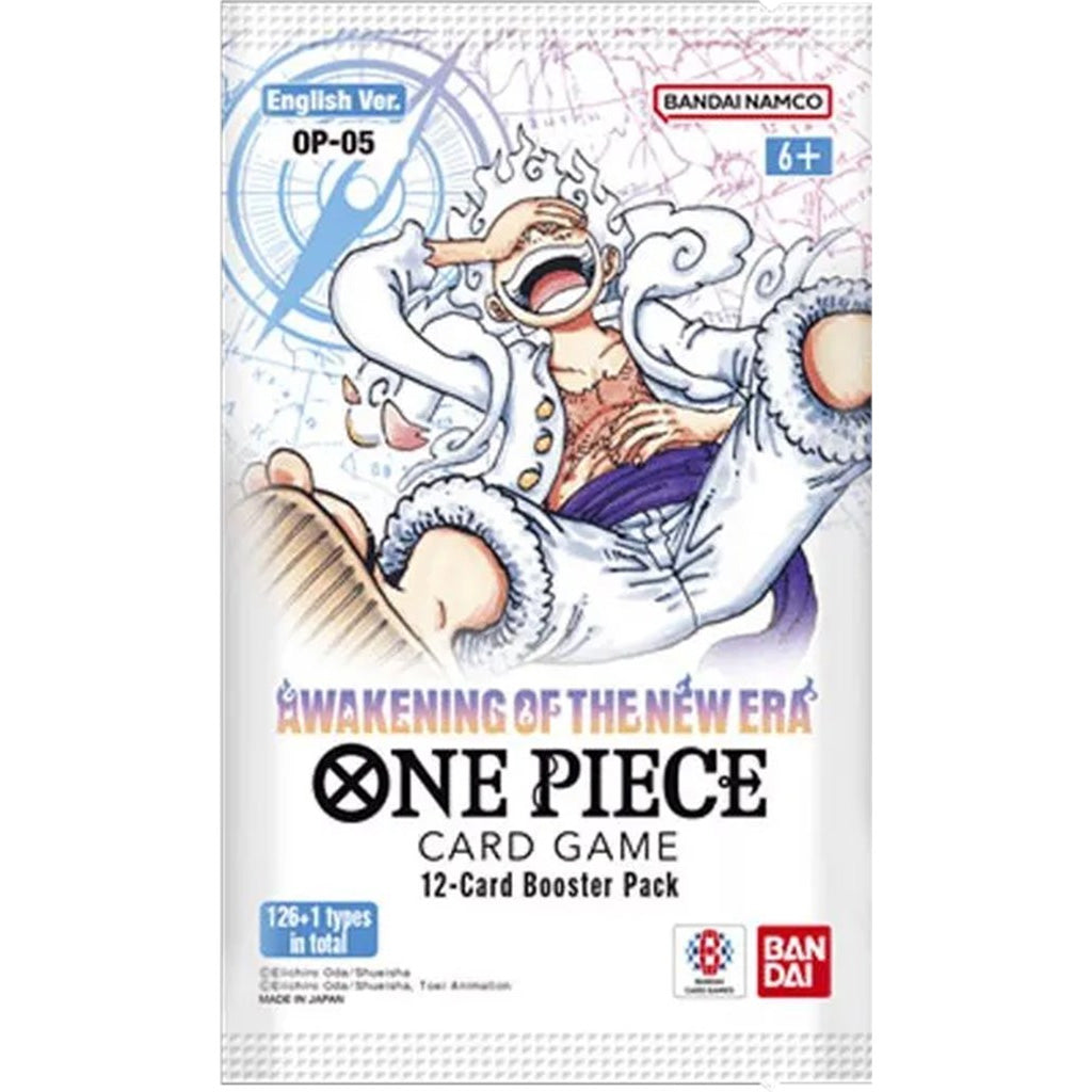 Bandai One Piece Card Game: OP05: Awakening in the New Era Booster Pack containing 12 cards and featuring Luffy.