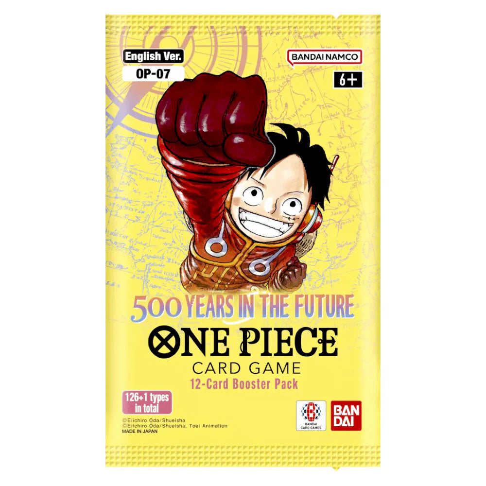Bandai One Piece Card Game: OP07: 500 Years into the Future Booster Pack featuring Luffy.
