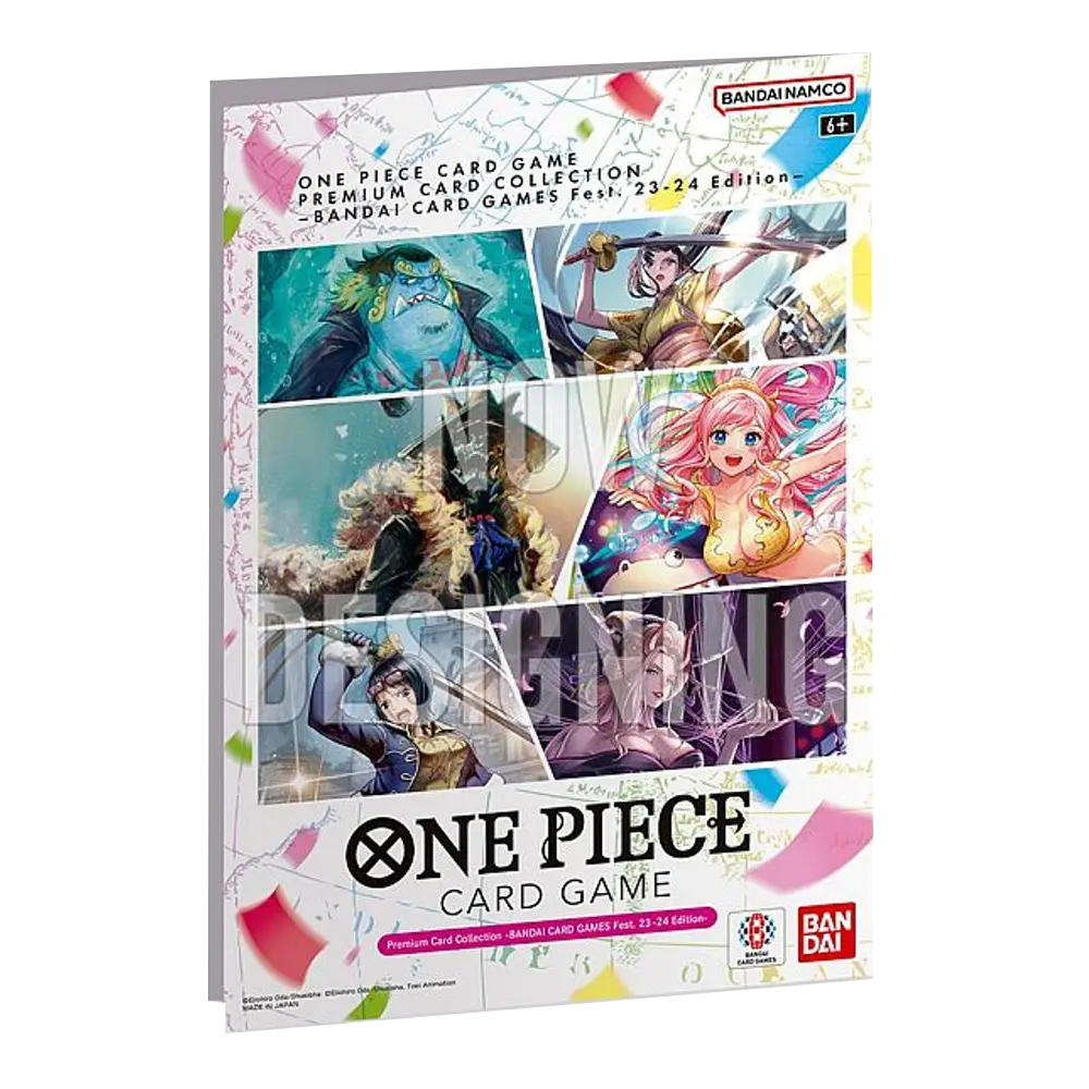 One Piece Card Game: Premium Card Collection - Bandai Card Games Fest 23-24 Edition folder with Now Designing text overlaid on character artwork.