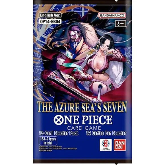 One Piece Card Game: OP14-EB04: The Azure Sea’s Seven Booster Pack featuring illustrations of Mihawk, Crocodile, and Boa Hancock.
