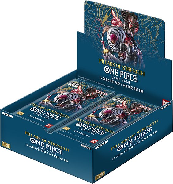 A blue One Piece Card Game: OP03: Pillars of Strength Booster Box containing 24 packs, with illustrations of anime characters on the box and individual pack wrappers.