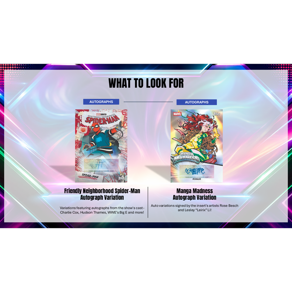Topps Marvel 2026 Neon Hobby Box containing packs of Marvel-themed trading cards featuring illustrations of Spider-Man and Gambit.