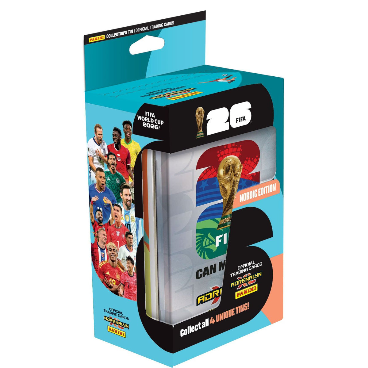 The Panini: Adrenalyn XL FIFA World Cup 2026 - Mega Tin - Nordic Edition features vibrant football player images, the World Cup trophy, and packaging with “Collect all 4 unique tins!” from Panini.