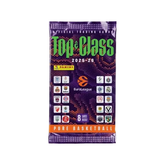 A Panini: EuroLeague Top Class 2025-26 Basketball Booster Pack featuring team logos, the Official Trading Card emblem, and “8 cards inside” text on the front—perfect for fans and collectors of Panini EuroLeague trading cards.