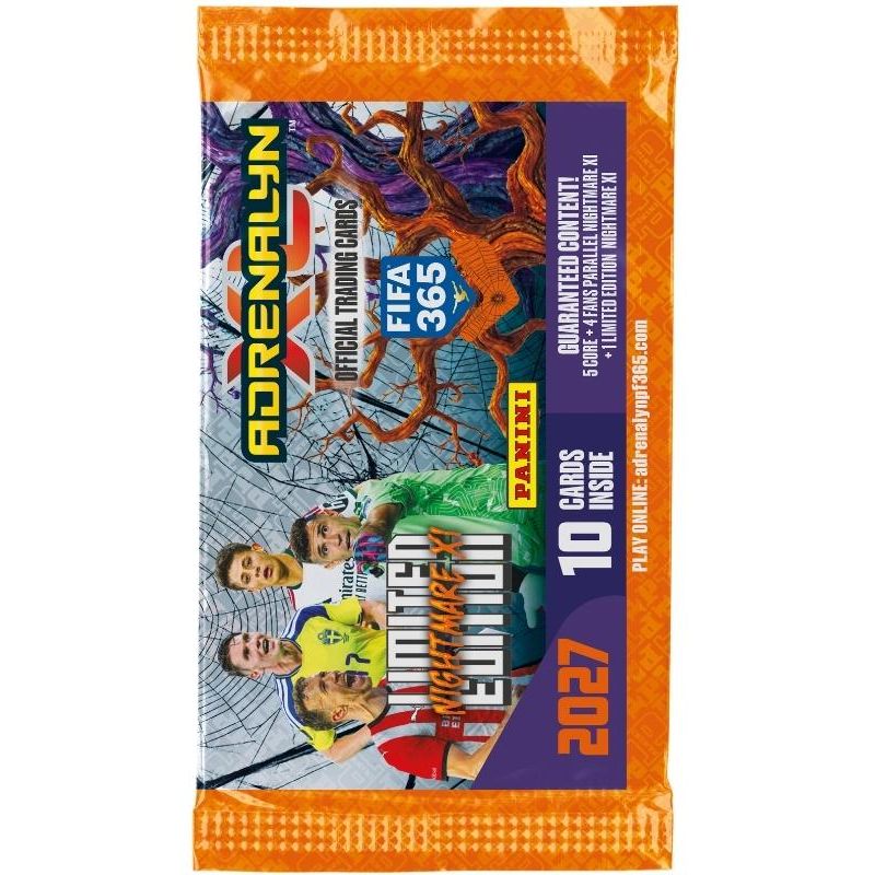 A sealed orange Panini FIFA 365 Adrenalyn XL 2027 Nightmare XI Booster Pack featuring football players, a tree with glowing roots, and text indicating ten cards inside including a limited edition nightmare XI card.