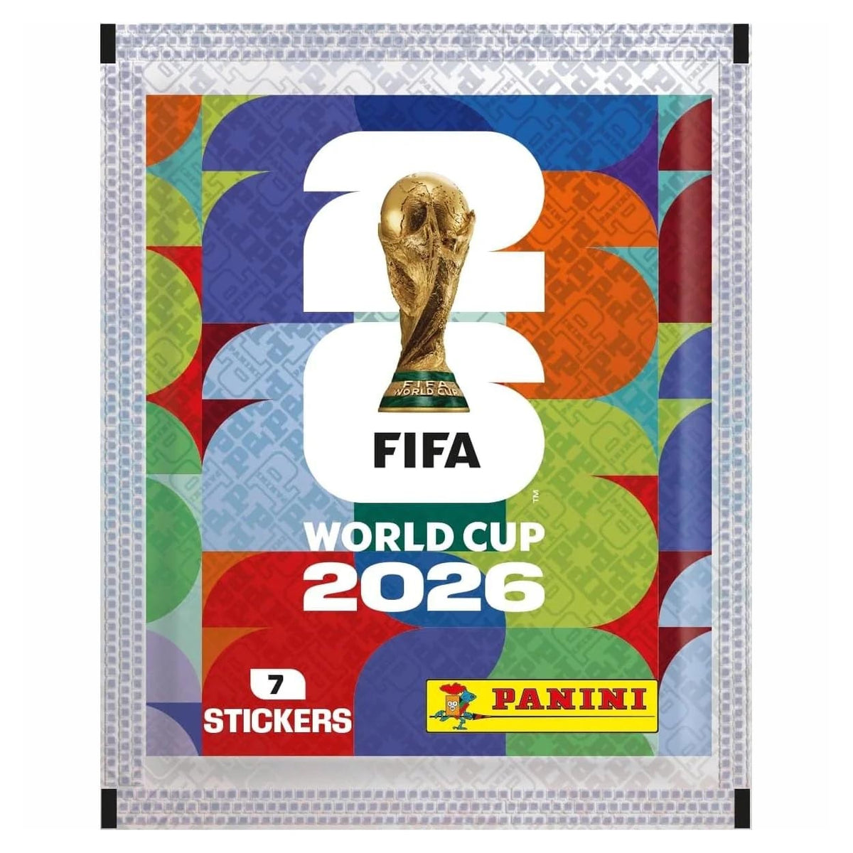 The Panini: FIFA World Cup Sticker Pack - Nordic Edition features the World Cup trophy, colorful abstract patterns, FIFA World Cup 2026 text, the Panini logo at the bottom, and contains 7 stickers inside.