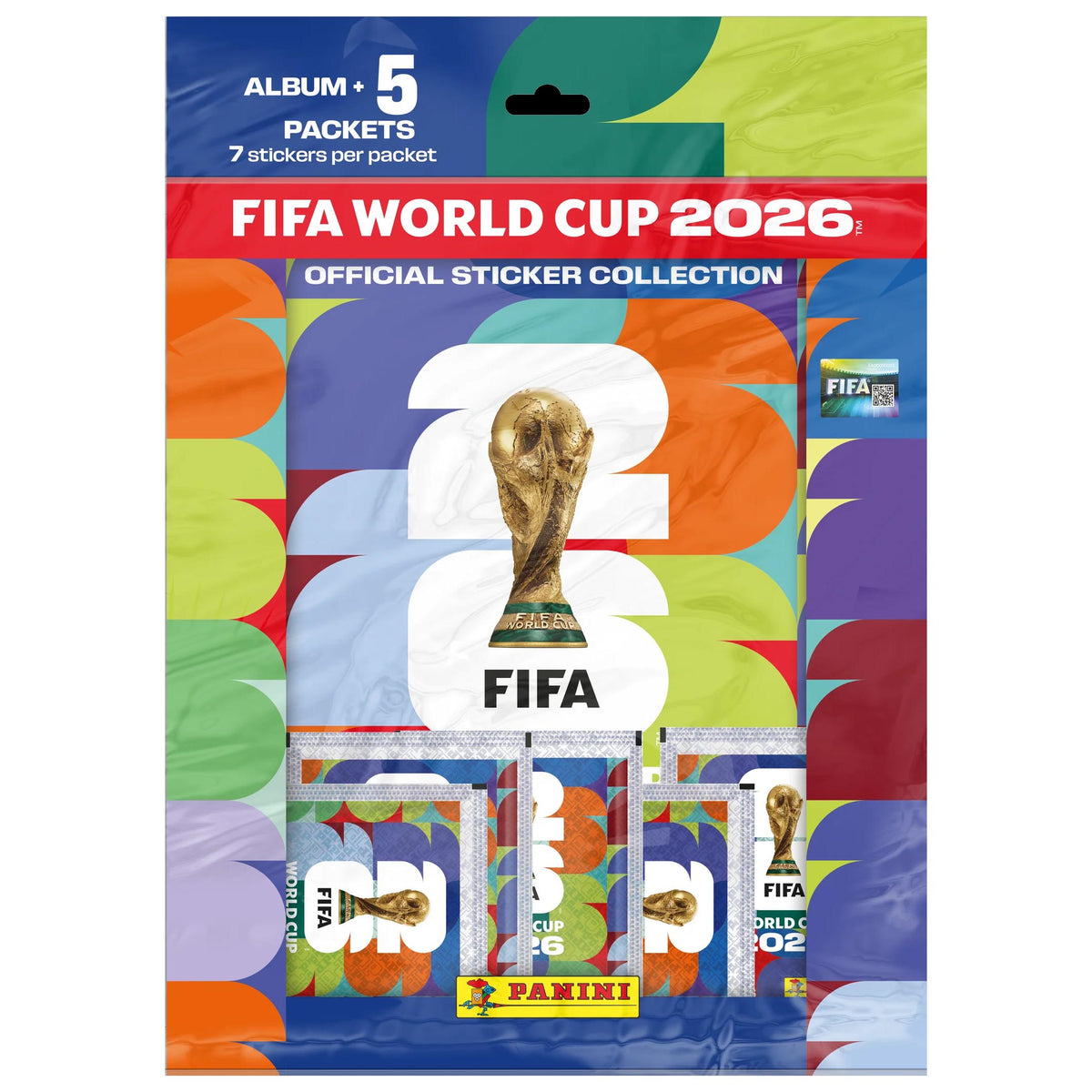 The Panini: FIFA World Cup Sticker 2026 Sticker Album - Nordic Edition includes an album and five football sticker packets, packaged with bold text, the World Cup trophy, and vibrant geometric designs.