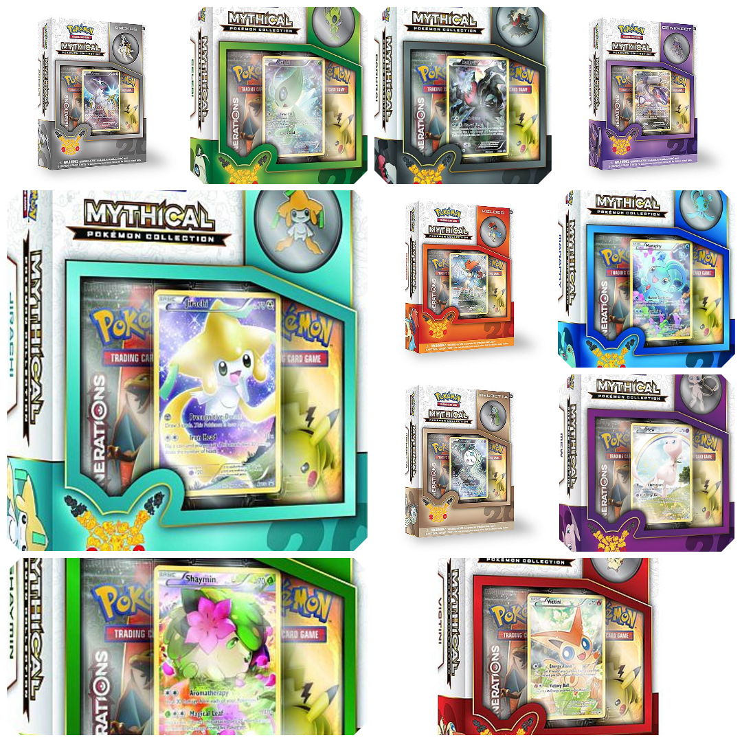 Eleven sealed Pokémon TCG: Generations Mythical Collection Complete Bundle boxes, each featuring a unique mythical creature, a promotional foil card, and booster packs.