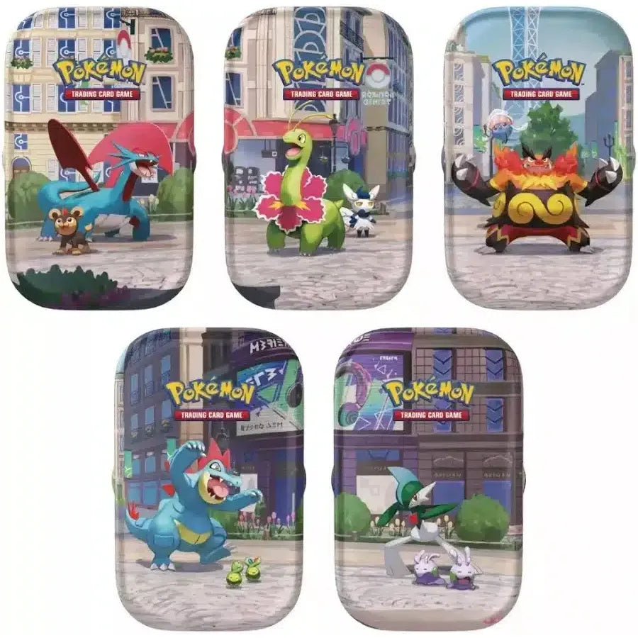 The Pokémon TCG: Lumiose City Mini Tin by The Pokémon Company features Salamence, Meganium, Emboar, Feraligatr, and Gallade on vibrant city backgrounds with the Pokémon Trading Card Game logo at the top.