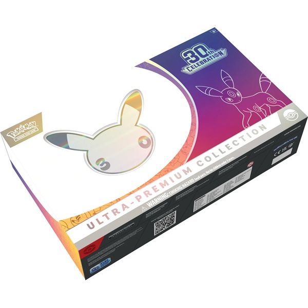 Introducing the Pokémon TCG: 30th Celebration Ultra-Premium Collections - Day & Night by The Pokémon Company, a commemorative set featuring striking packaging with a holographic Pikachu face and a vibrant green Eevee outline. Designed especially for the Pokémon TCG 30th Celebration, this exclusive box is packed with an outstanding assortment of booster packs and collectible items that will captivate both new players and seasoned collectors.