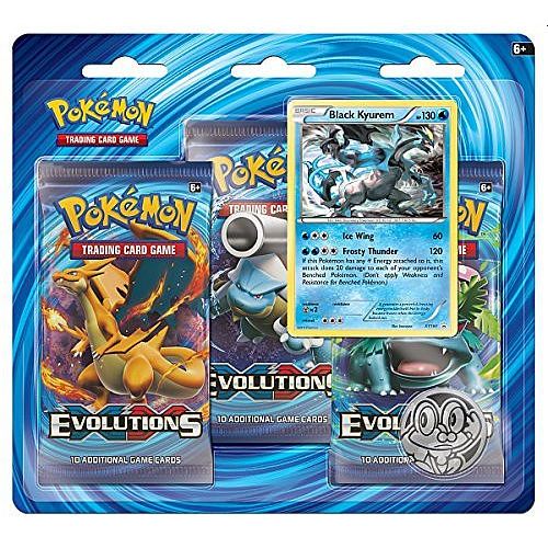 The Pokémon Company’s Pokemon TCG: XY Evolutions 3-pak Blister features three booster packs—each with unique artwork—visible within plastic packaging. A special Black Kyurem promo card is prominently displayed at the front, with the Pokémon logo and age 6+ label shown at the top.