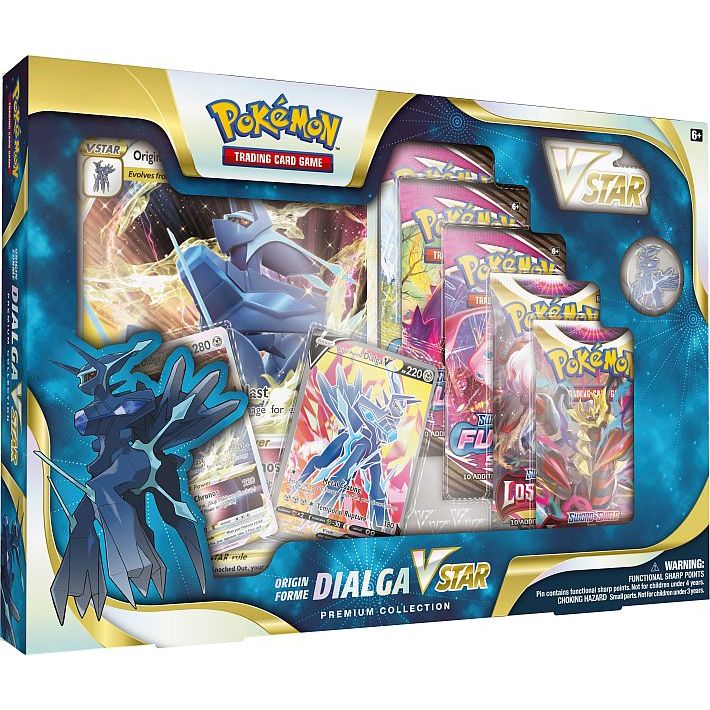 The Pokémon TCG: Origin Forme Dialga VSTAR Premium Collection by The Pokémon Company includes exclusive Origin Forme Dialga promo cards, four booster packs, a jumbo card, a pin, and a VSTAR marker—all presented in specially branded packaging.