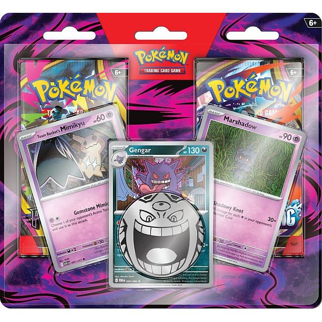 The Pokémon TCG: Gengar Enhanced 2-Pack Blister by The Pokémon Company features exclusive promo cards of Gengar, Team Rocket’s Mimikyu, and Marshadow, includes a Gengar coin and two booster packs, all presented in vibrant packaging with bold purple and black accents.