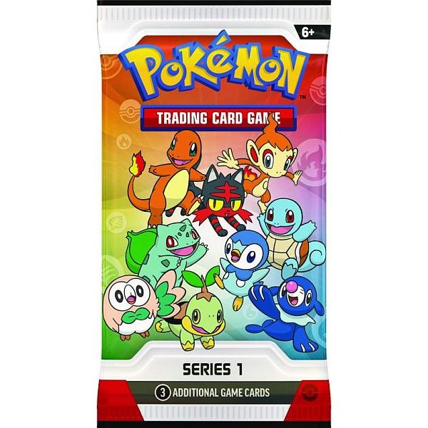 A Pokémon TCG: First Partner Illustration Collection: Series 1 Promo Booster Pack by The Pokémon Company, designed for ages 6 and up and featuring starter Pokémon artwork on the packaging.