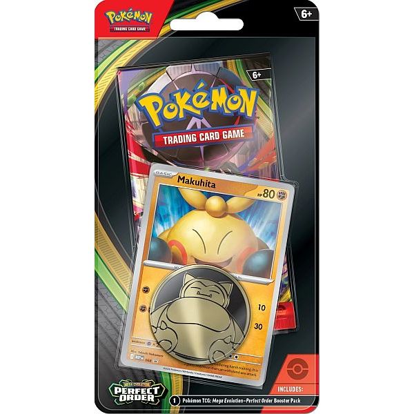 The Pokémon TCG: Perfect Order Checklane Blister by The Pokémon Company includes a Makuhita card, a Cinderace-line card, and a metallic Snorlax coin. Suitable for ages 6 and up.