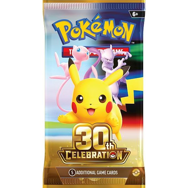 Introducing the Pokémon TCG: 30th Celebration Booster Pack by The Pokémon Company, featuring Pikachu, Mewtwo, and Mew alongside vibrant 30th Celebration graphics and a note of “5 Additional Game Cards” at the bottom. This commemorative booster pack is suitable for ages 6 and up, making it an exciting addition to any young trainer’s collection.