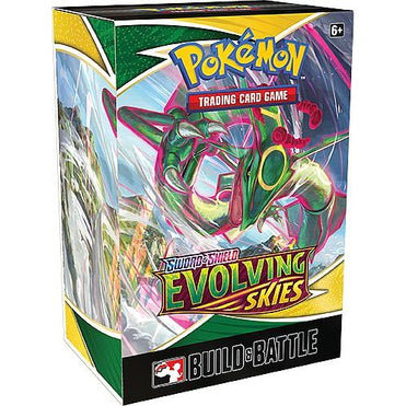 Pokémon TCG: Evolving Skies Build & Battle Kit box featuring an illustration of the dragon Pokémon Rayquaza.