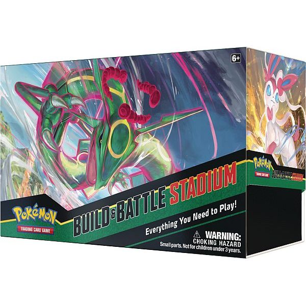 A rectangular Pokémon TCG: Evolving Skies Build & Battle Kit Stadium box featuring Rayquaza on the front and Sylveon on the side panel.
