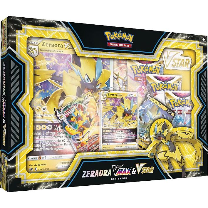Introducing the Pokémon TCG: Zeraora VMAX & VSTAR Battle Box from The Pokémon Company, showcasing exclusive Zeraora promo cards, an oversized Zeraora VMAX card, and a VSTAR marker—all presented in bold yellow and black packaging. This Battle Box is an ideal addition for any Pokémon TCG collector or competitive battler.
