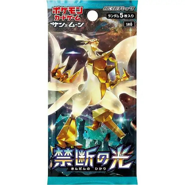 Pokémon TCG: Forbidden Light Booster Box - Japansk (Sun & Moon: SM6) featuring a booster pack with Ultra Necrozma in its golden radiant form.