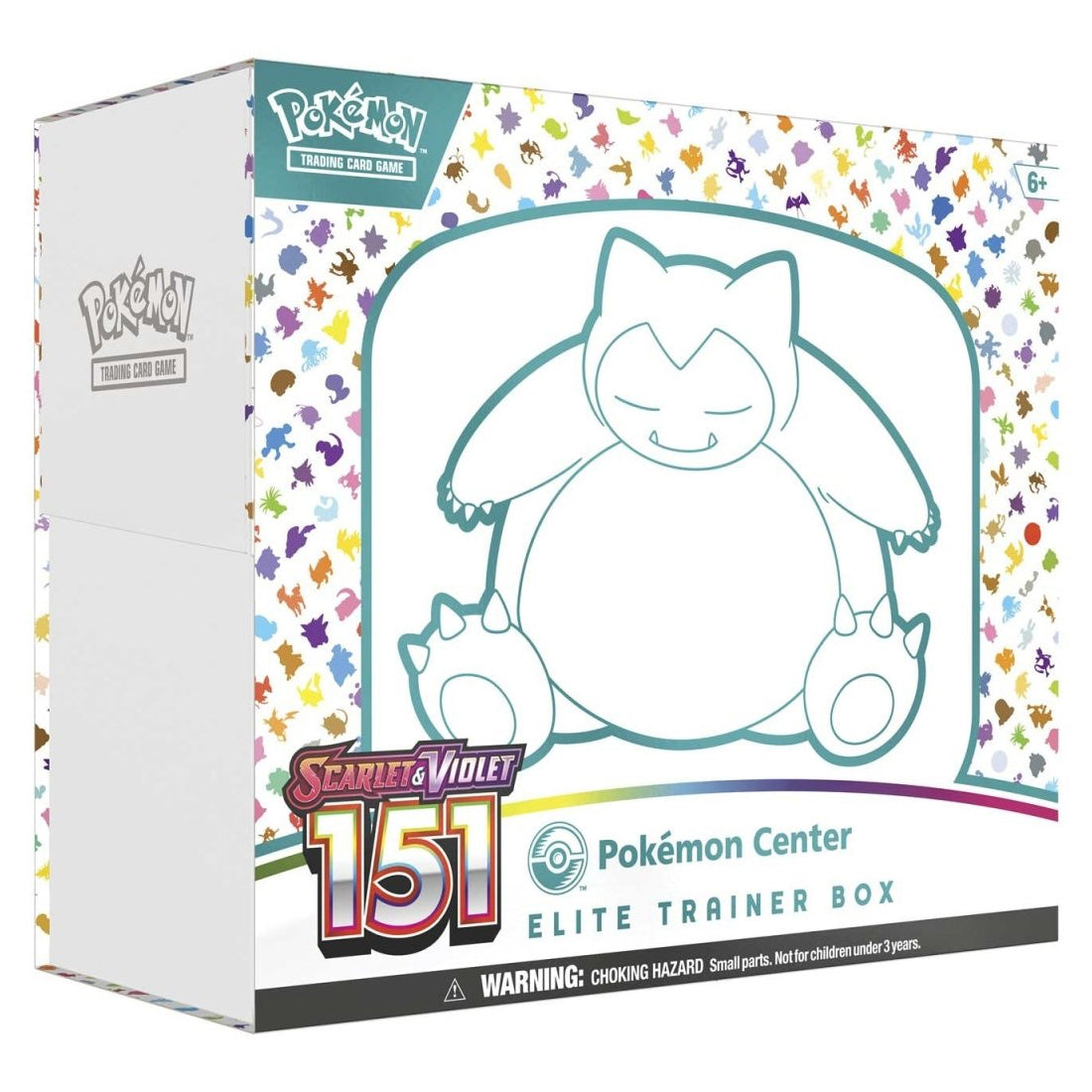 The Pokémon TCG: Scarlet & Violet - 151 Pokémon Center Elite Trainer Box (Scarlet & Violet 3.5) by The Pokémon Company features a large Snorlax outline on a white box with colorful Pokémon silhouettes.