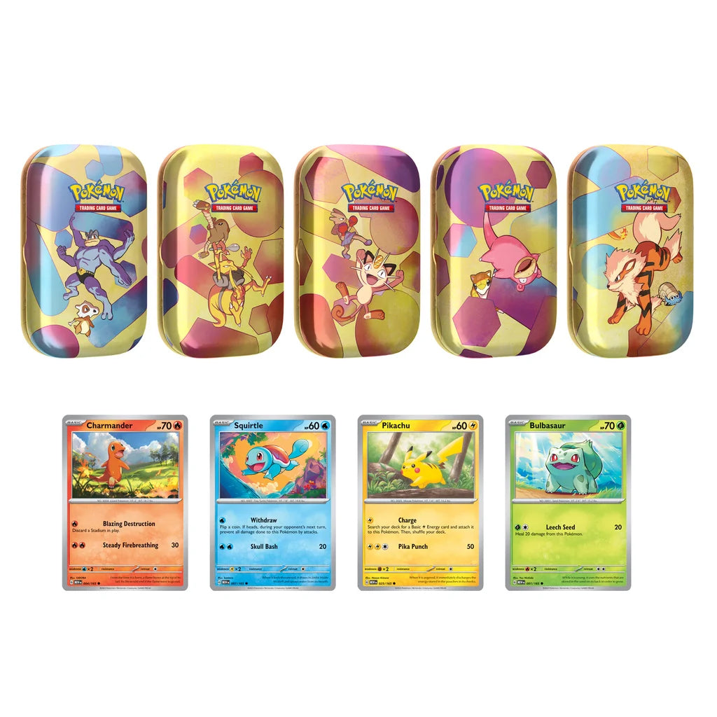 The Pokémon Company’s Pokémon TCG: Costco 151 5-pack Tin Bundle includes colorful tins featuring Charmander, Eevee, Pikachu, Bulbasaur, and Squirtle, plus matching Scarlet & Violet 151 trading cards of Charmander, Squirtle, Pikachu & Bulbasaur.