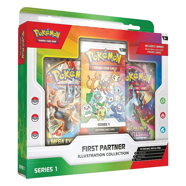 The Pokémon TCG: First Partner Illustration Collection - Series 1 by The Pokémon Company includes three card packs, a promo card with various Pokémon, and comes in vibrant green and red packaging.