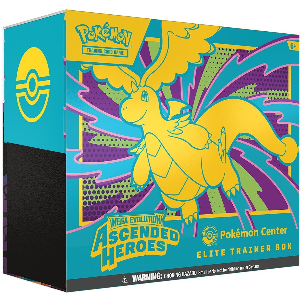 The Pokémon TCG: Ascended Heroes Pokémon Center Elite Trainer Box by The Pokémon Company features a yellow Dragonite with blue wings on a vibrant background, celebrating Mega Evolution and the Ascended Heroes series.