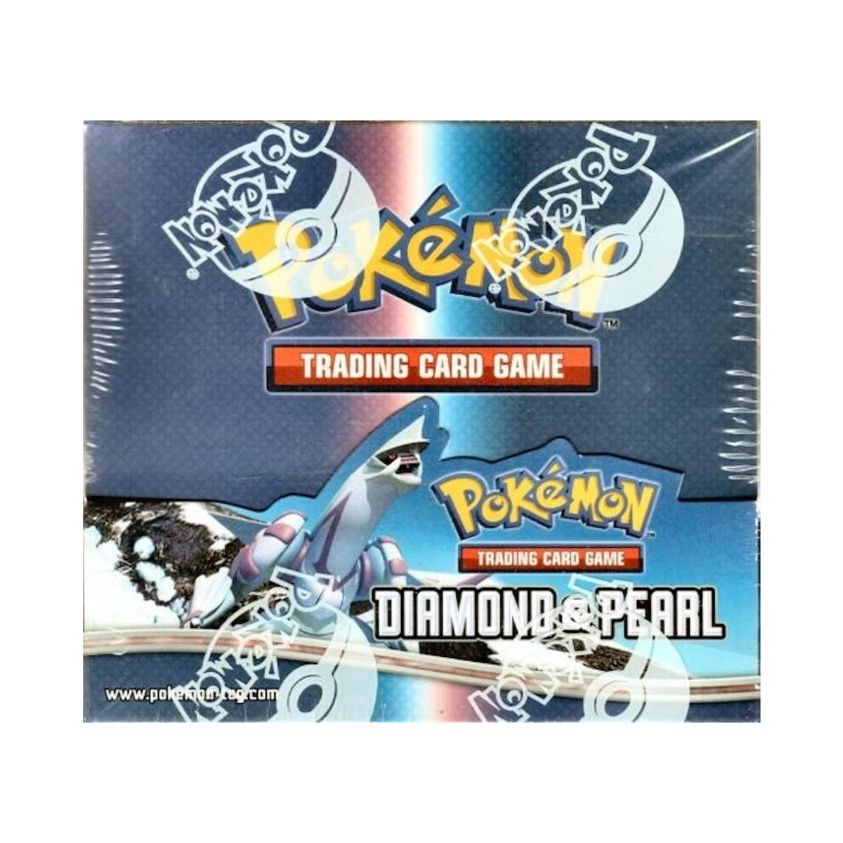 A sealed Pokémon TCG: Diamond & Pearl Base Set Booster Box by The Pokémon Company, featuring Dialga and prominent Pokémon and Trading Card Game logos on the front.