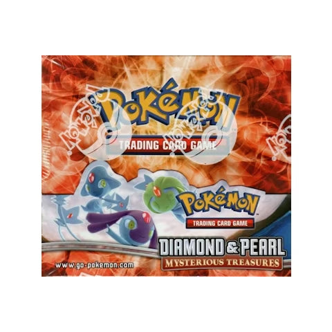 Box art for the Pokémon TCG: Diamond & Pearl Mysterious Treasures Booster Box by The Pokémon Company, showcasing Mesprit, Uxie, and Azelf on an orange background with the Pokémon logo and TCG branding.