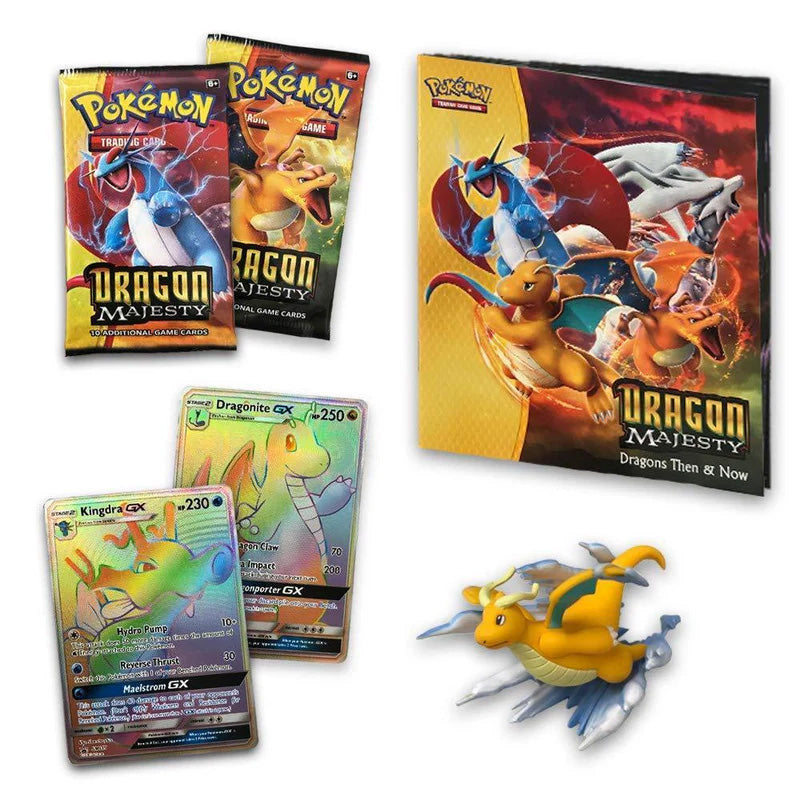 The Pokémon Company’s Pokémon TCG: Dragon Majesty Super-Premium Collection includes 2 sealed booster packs, a Dragons Then & Now booklet with Dragonite, 2 GX foil cards (Dragonite & Kingdra), and a Dragonite figurine.