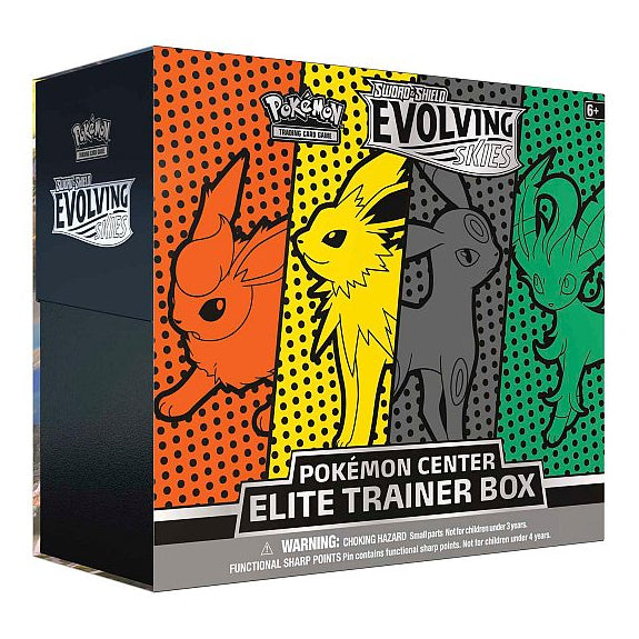 The Pokémon Company’s Evolving Skies Pokémon Center Elite Trainer Box features Flareon, Jolteon, Umbreon, and Leafeon on a black box with orange, yellow, and green details.