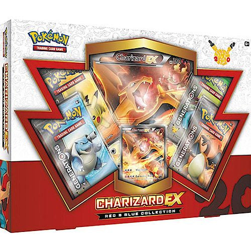 The Pokémon TCG: Generations Charizard EX Red & Blue Collection by The Pokémon Company includes a Charizard EX promo card and four booster packs featuring Charizard, Blastoise, Pikachu, and Venusaur artwork.