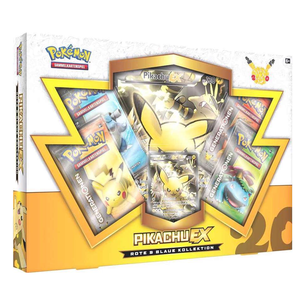 The Pokémon TCG: Generations Pikachu EX Red & Blue Collection by The Pokémon Company features a box of collectible cards with five booster packs and Pikachu-themed graphics. The packaging is primarily yellow and white, showcasing a 20th-anniversary design and the official Pokémon logo at the top left.