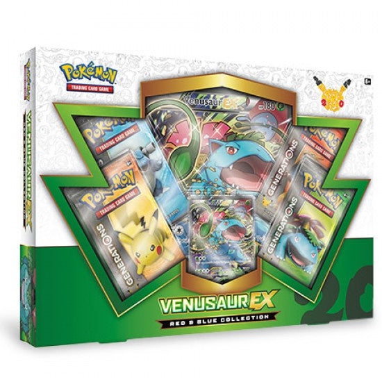 Celebrate Pokémon’s 20th Anniversary with the Pokémon TCG: Generations Venusaur EX Red & Blue Collection by The Pokémon Company, featuring a foil Venusaur EX card, Venusaur figure, and four Generations booster packs in special packaging.