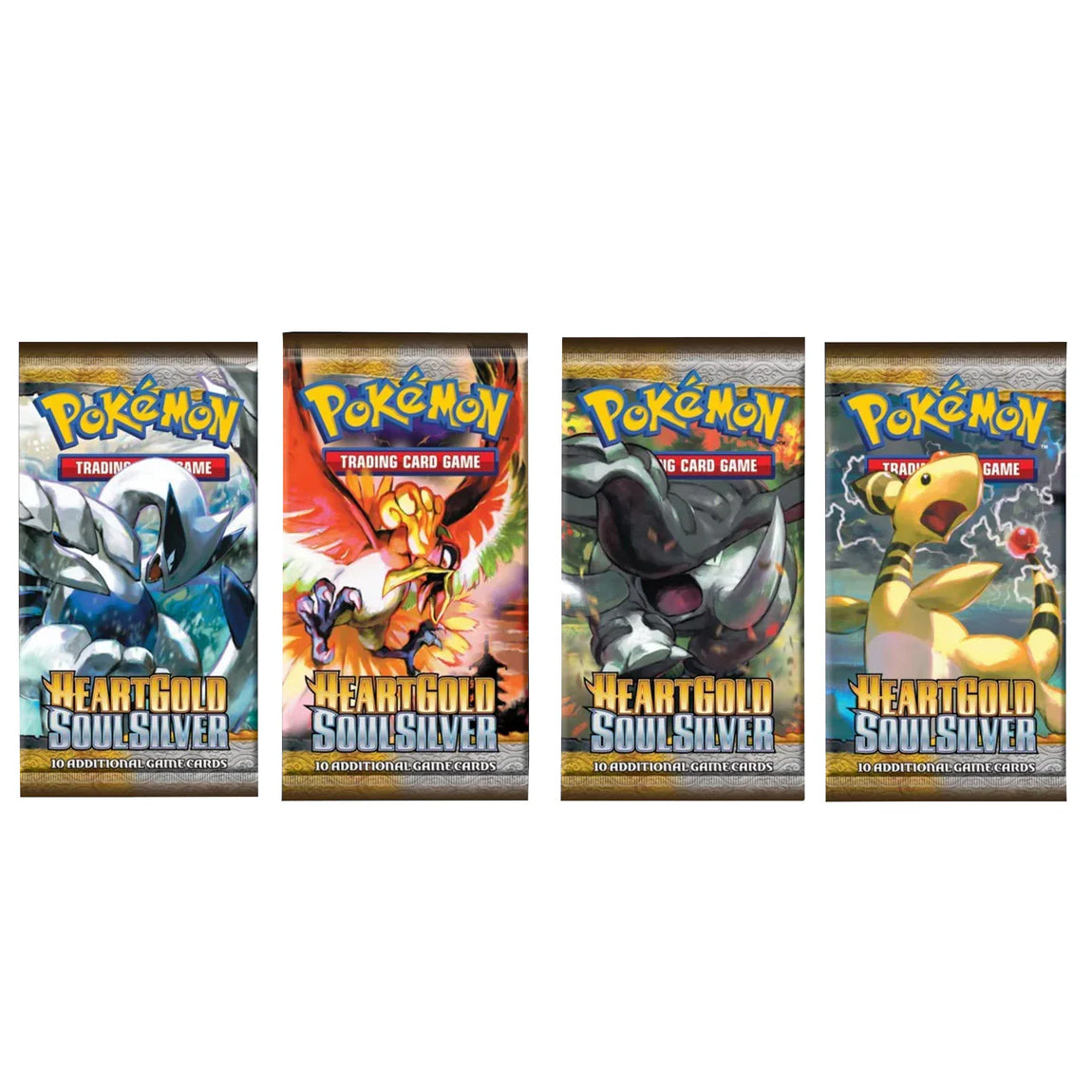 Four Pokémon TCG: HeartGold & SoulSilver Base Set Booster Packs from The Pokémon Company are shown, each featuring distinct Pokémon artwork—Lugia, Ho-Oh, Donphan, and Ampharos—with the iconic Pokémon logo displayed at the top of every pack.