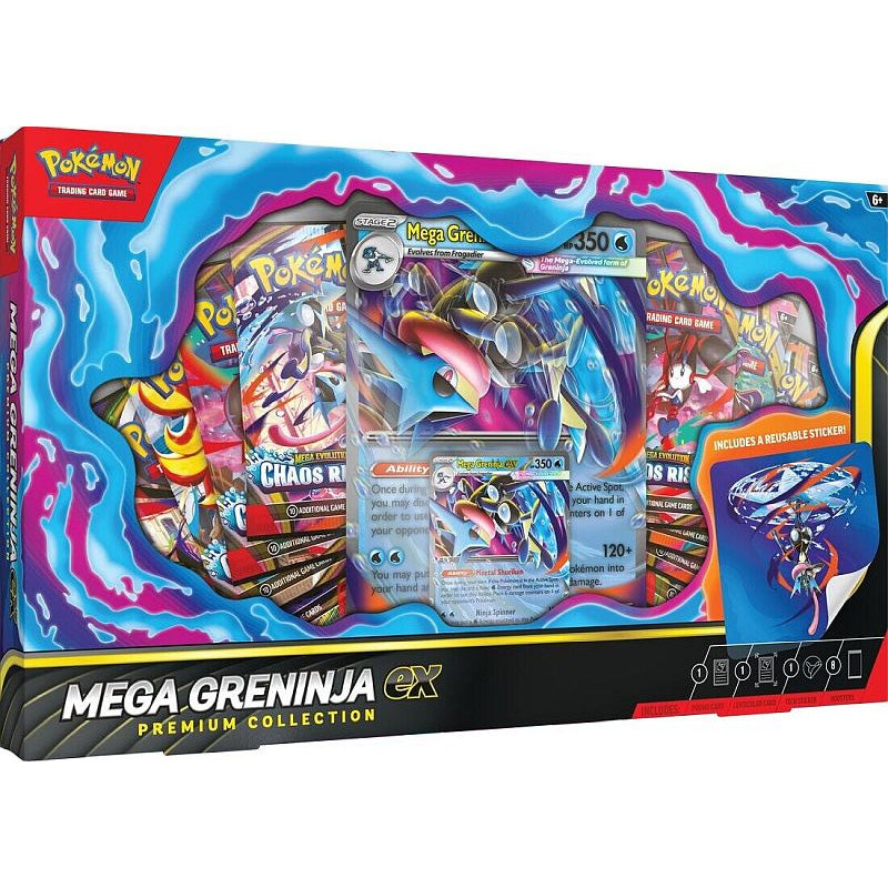 The Pokémon Company’s Pokémon TCG: Mega Greninja ex Premium Collection Box includes booster packs, regular and oversized Greninja ex cards, a pin, and a sticker—displayed in vibrant packaging.