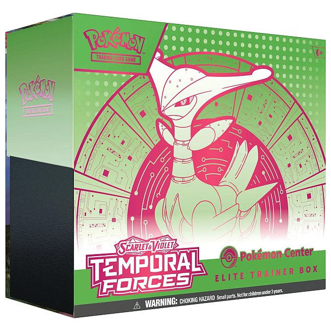 The Pokémon TCG: Temporal Forces Pokémon Center Elite Trainer Box – Iron Leaves by The Pokémon Company has a green and pink futuristic design, a bold Pokémon illustration, and features official branding plus safety warnings.